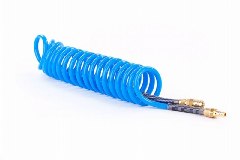 Niebieski wąż spiralny pneumatyczny RQS 12×8 mm z szybkozłączami Rectus 26 – 15 m